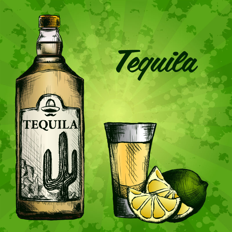 一瓶龙舌兰酒加柠檬和玻璃手工画