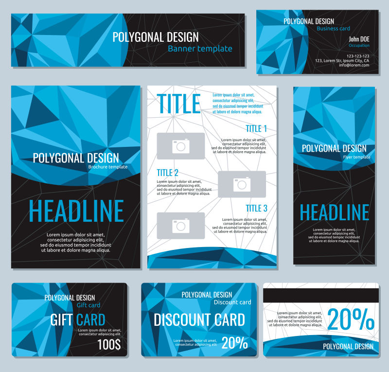 传单横幅小册子和带有多边形元素的卡片向量模板集