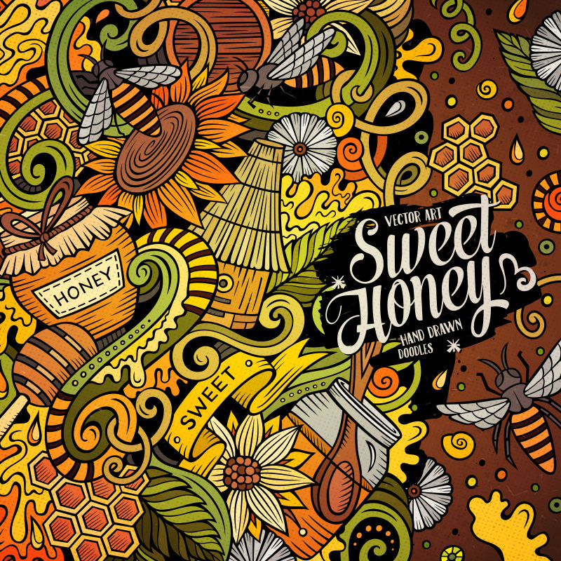 创意矢量卡通蜜蜂元素的涂鸦设计插图