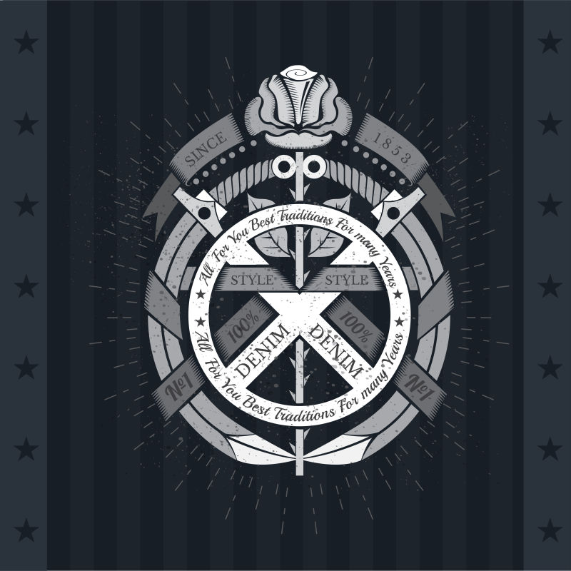 玫瑰从弯曲的剑和缎带的圆形框架中心黑板上的纹章标志