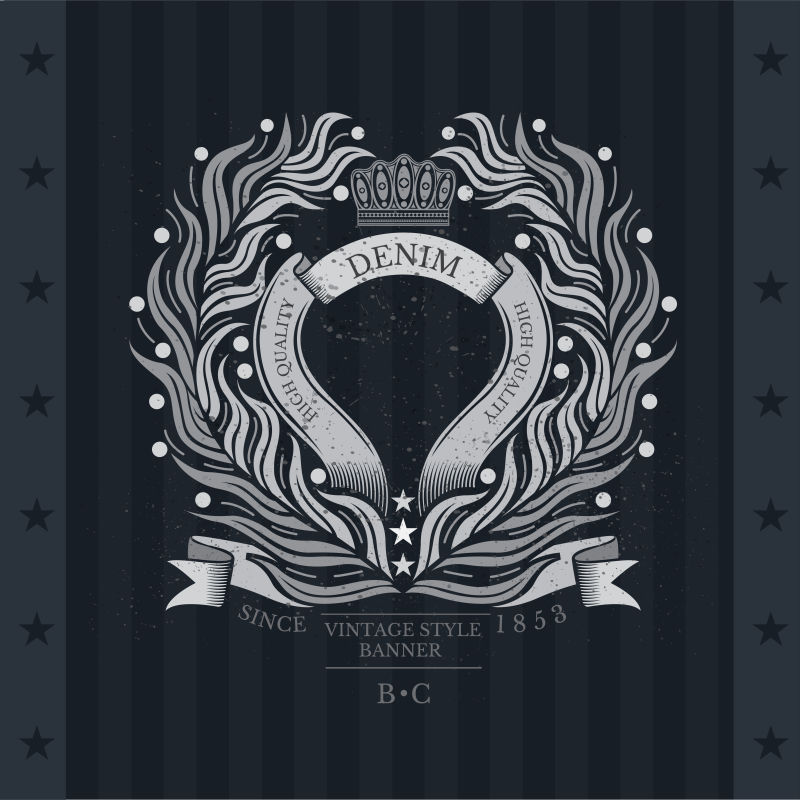 丝带框架介于抽象橄榄或棕榈花环之间黑板上带着手臂的老式标签