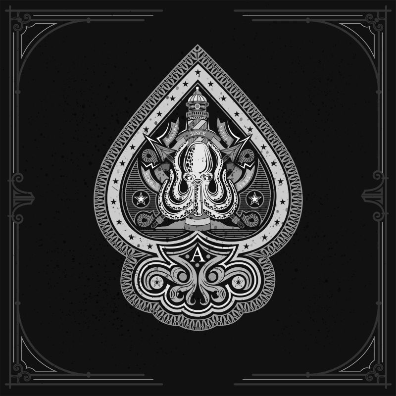 章鱼的黑桃有十字鱼叉和灯塔黑板上的海味标签