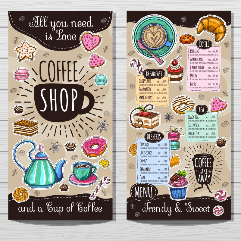 抽象矢量现代手绘风格的咖啡菜单设计