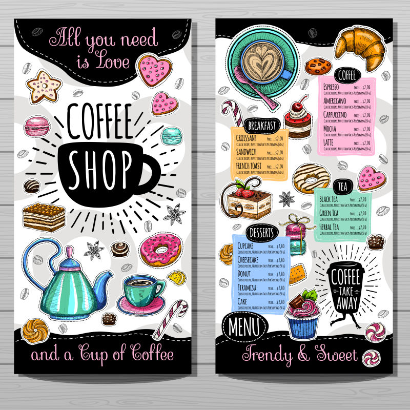 抽象矢量现代手绘咖啡菜单平面设计