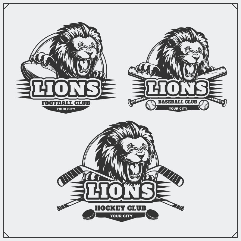 足球棒球和曲棍球标志和标签体育俱乐部徽章狮子头