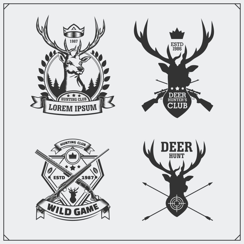 猎鹿一套老式狩猎标签徽章和设计元素