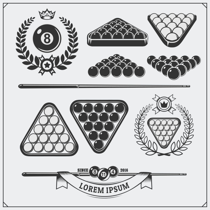 台球标签徽章徽章图标和设计元素的集合