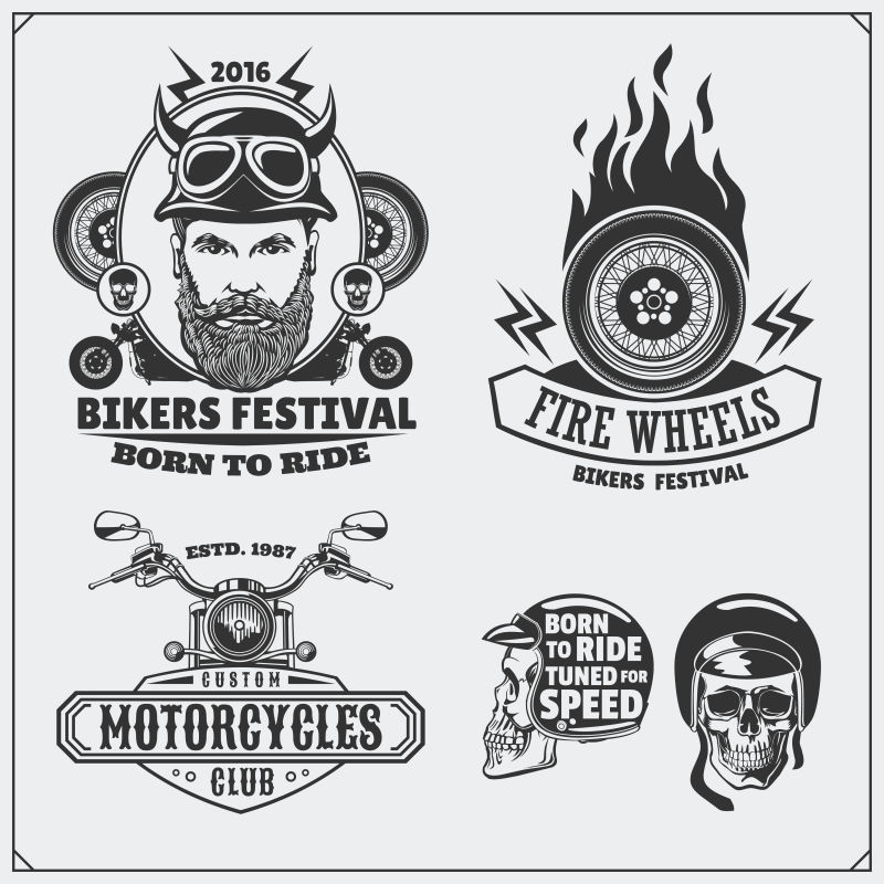 复古摩托车标签徽章徽章和设计元素的集合古典风格单色设计