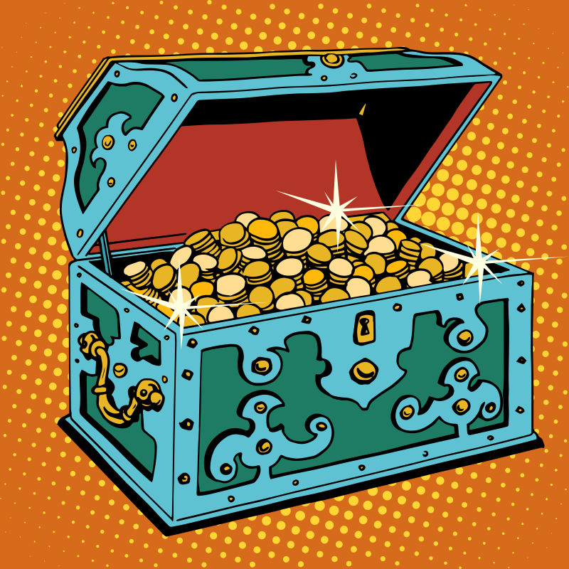 抽象矢量装满钱币的宝箱漫画插图设计