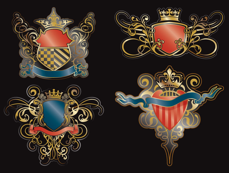 一套金色皇家盾与花丝花卉元素的网页-网页设计-旧框架-古典风格的边框-用于标签标志徽章标志花押字-矢量图EPS10