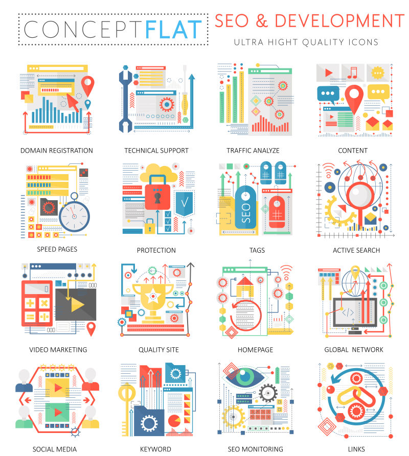信息图形迷你概念搜索引擎优化和网页开发图标优质色彩概念平面设计网络图形图标元素医学健康概念