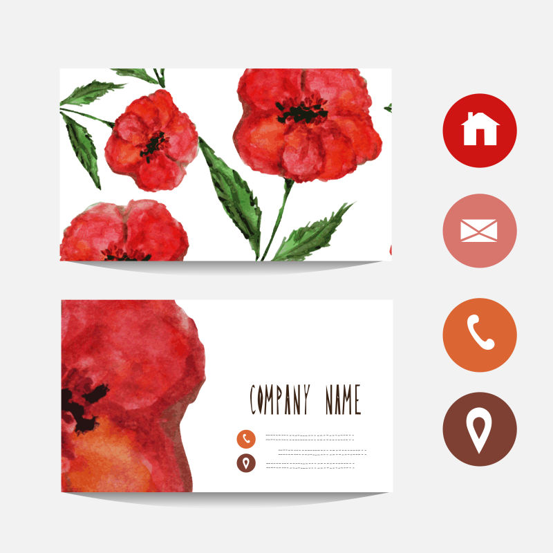 抽象矢量红色水彩花卉元素的名片设计