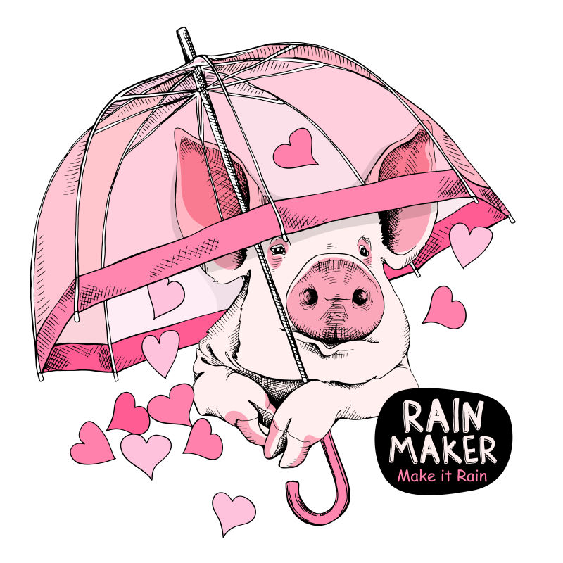 矢量拿着粉色雨伞的卡通猪