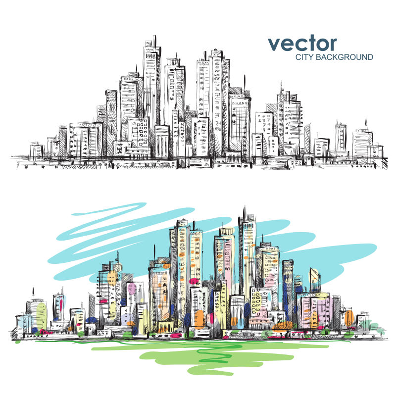 创意矢量现代手绘建筑插图设计