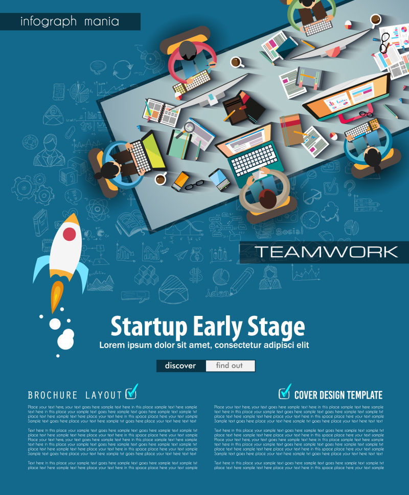 带有手绘草图和许多模拟元素设计的信息图表小册子模板