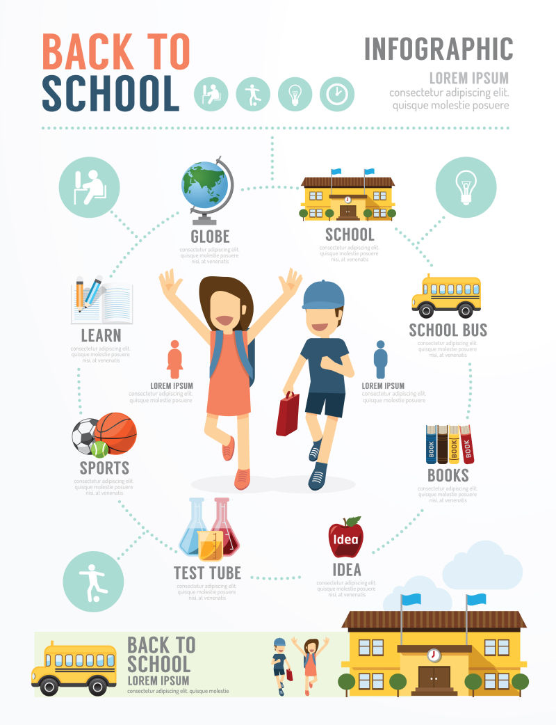 矢量回到学校主题的平面信息图表设计
