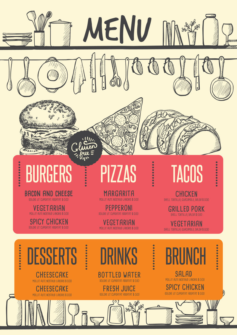创意矢量现代手绘风格快餐菜单设计