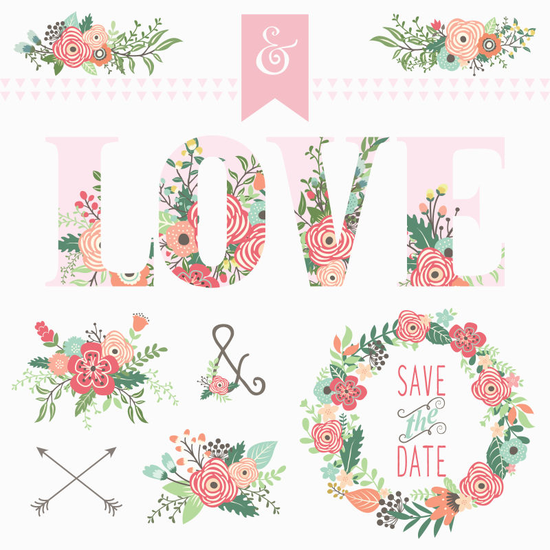 抽象矢量现代花卉装饰的婚礼设计元素