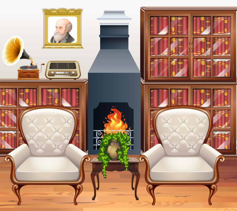 创意矢量有两个扶手椅的书房室内设计