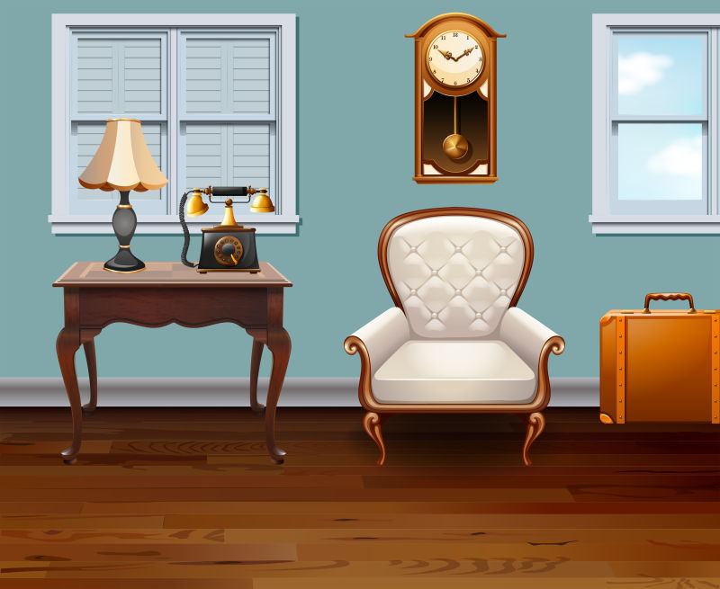 创意矢量现代有古董家具的客厅室内设计插图