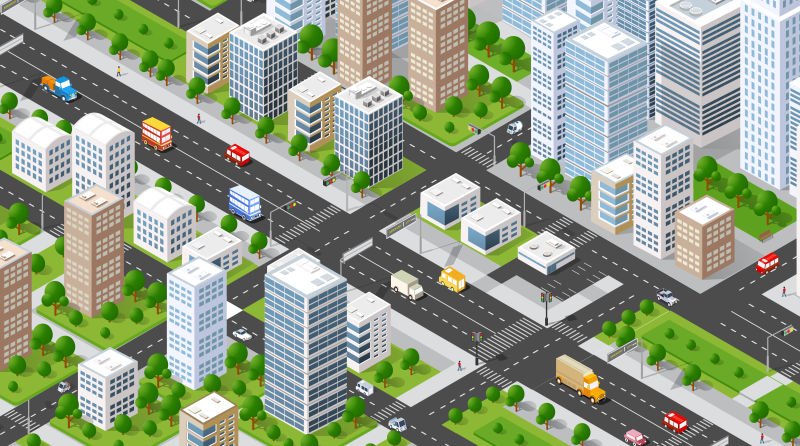 创意矢量等距的城市建筑设计插图