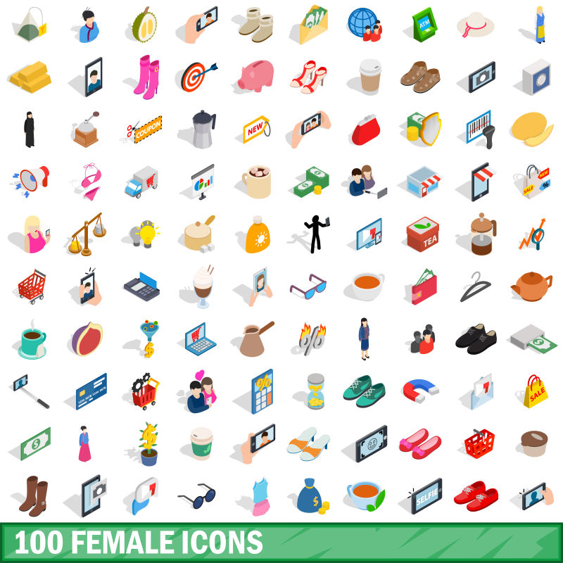 抽象矢量女性主题的等距图标设计
