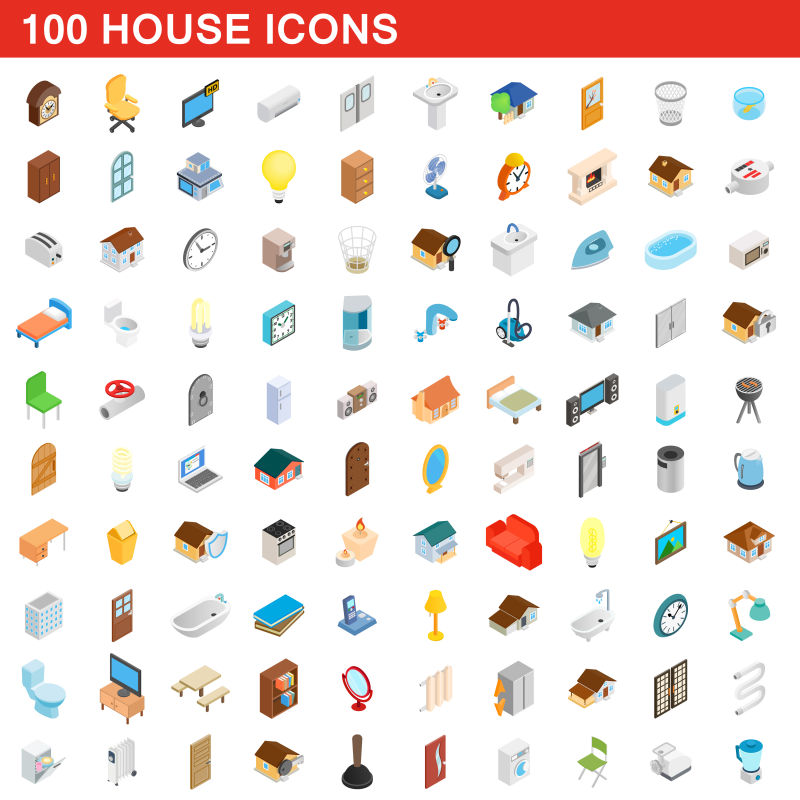 抽象矢量现代房屋主题的等距图标设计