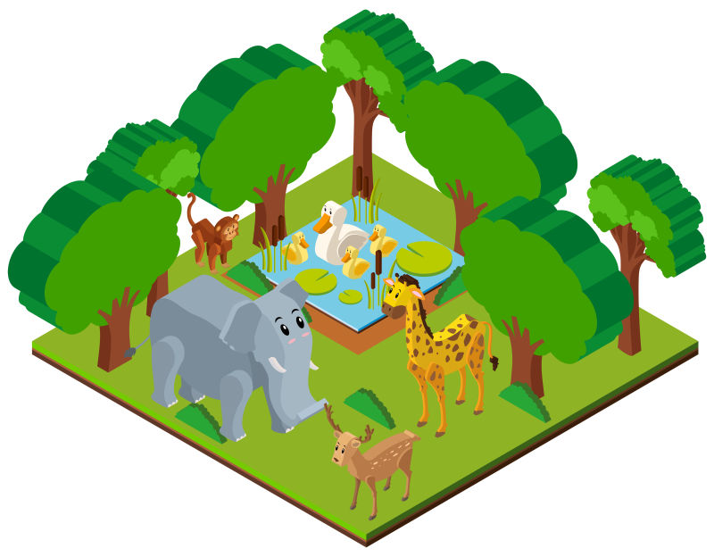创意矢量现代野生动物等距插图设计
