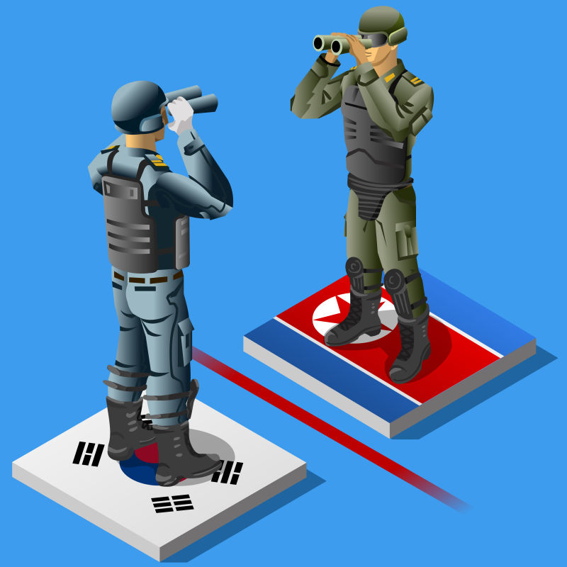 抽象矢量现代朝鲜韩国边境守卫主题等距插图