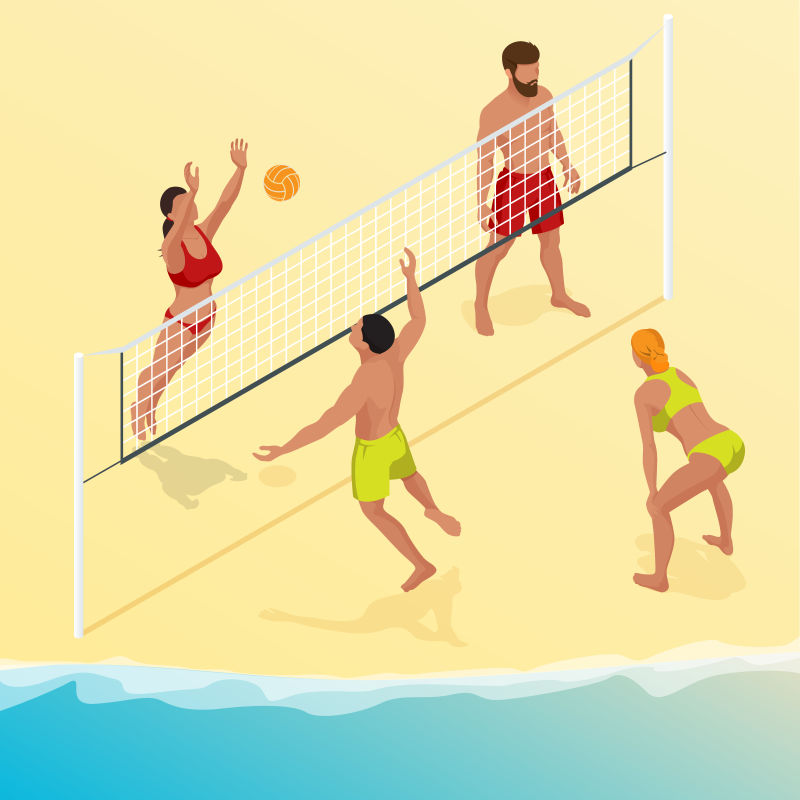  抽象矢量沙滩排球运动主题等距插图设计