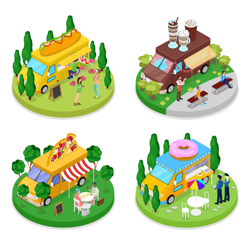 抽象矢量现代等距的快餐车插图设计