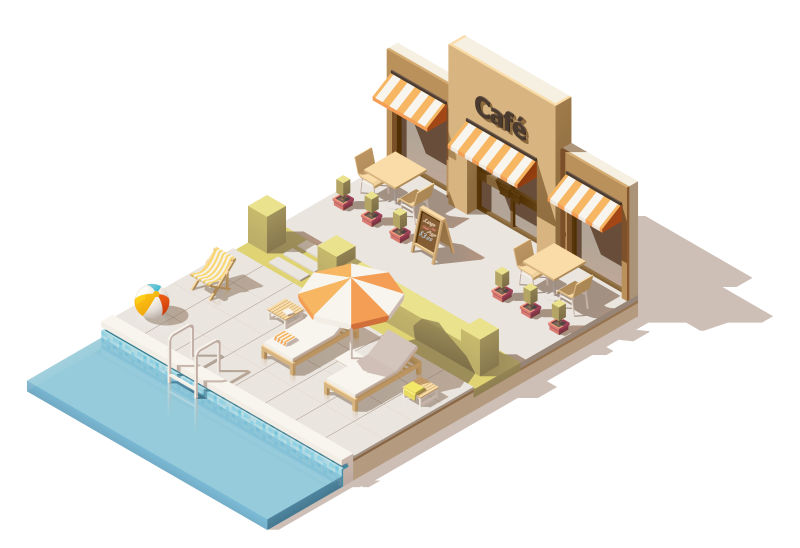 创意矢量等距的泳池和咖啡馆插图设计