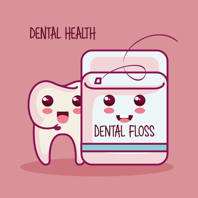 Kaiii牙齿和牙线粉红色背景矢量插图