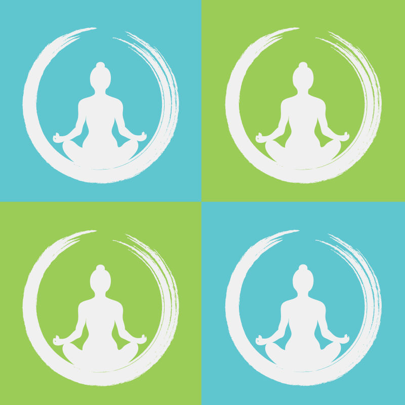 印度教瑜伽位置四色材料和最小图标标志设置为红色和蓝色