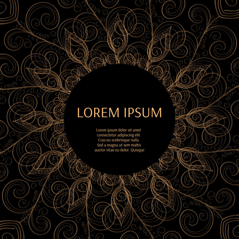 金黑色背景设计矢量太阳印度模式眼睛孔雀羽毛框架东方曼荼罗漩涡饰品为奢华婚礼美容时尚概念皇家节日派对卡