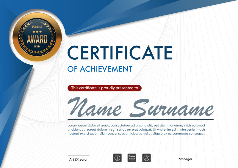 创意矢量蓝色经典证书平面设计插图