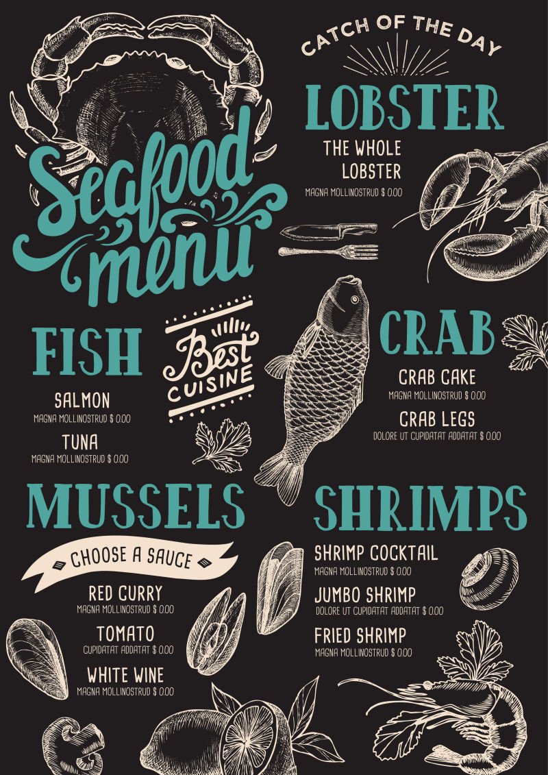 现代手绘海鲜餐厅菜单设计素材