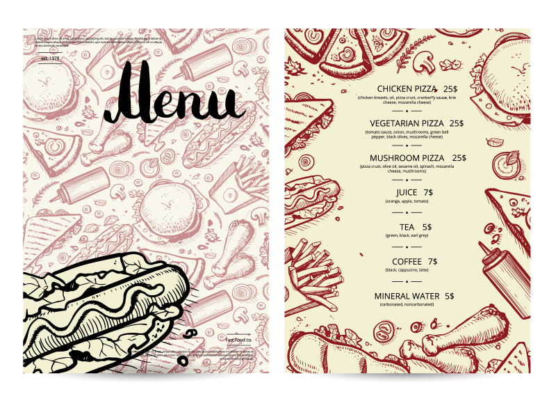 创意矢量现代彩色快餐元素的菜单设计