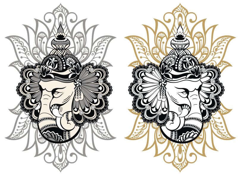 创意矢量民俗大象纹身插图设计