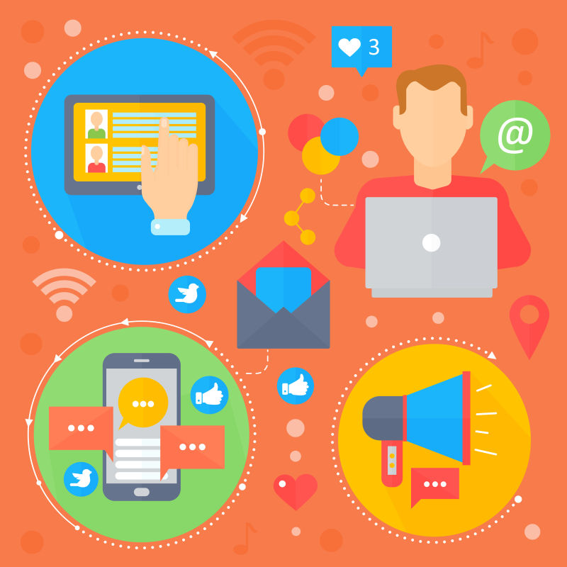 社会网络与社会媒体平面概念设计圆圈中的媒体图标数字营销信息图表模板横幅设计矢量插图