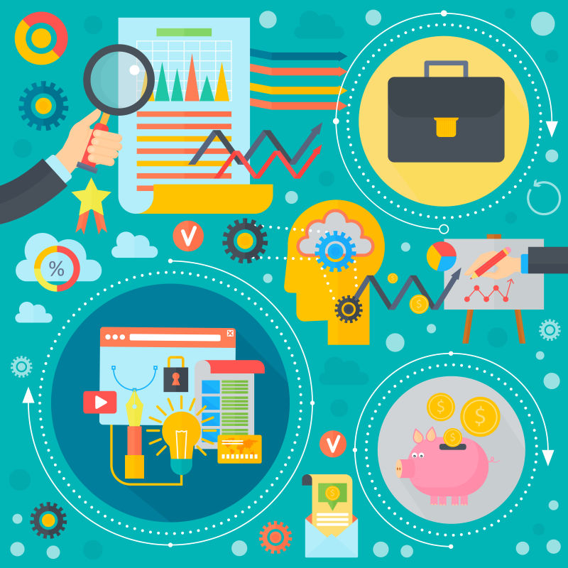 商业金融扁平概念商业信息图形模板图标在圆圈设计网页元素海报横幅矢量插图