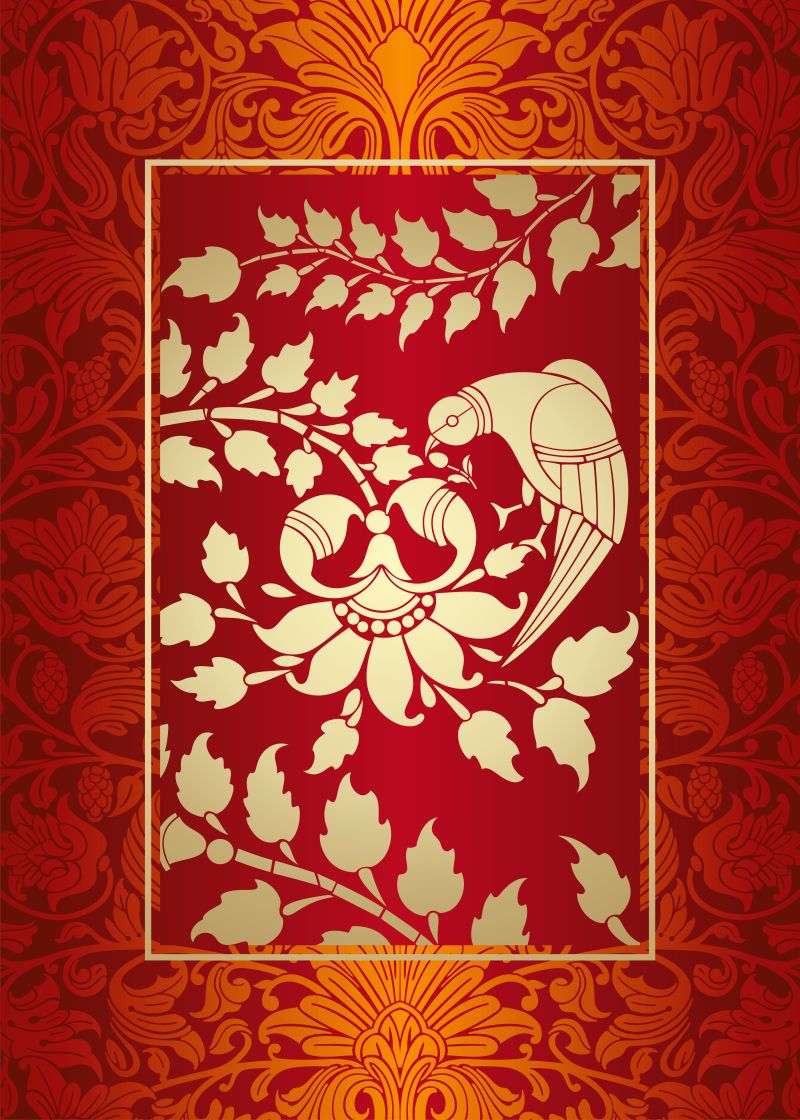 抽象矢量现代金色花纹元素装饰的孔雀主题插图设计