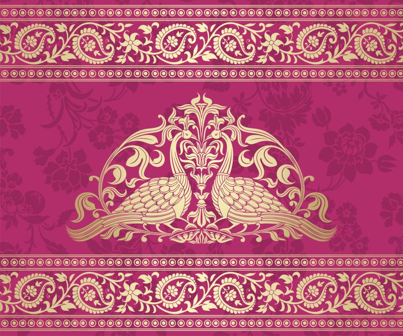 矢量金色孔雀纹样装饰的粉色背景设计