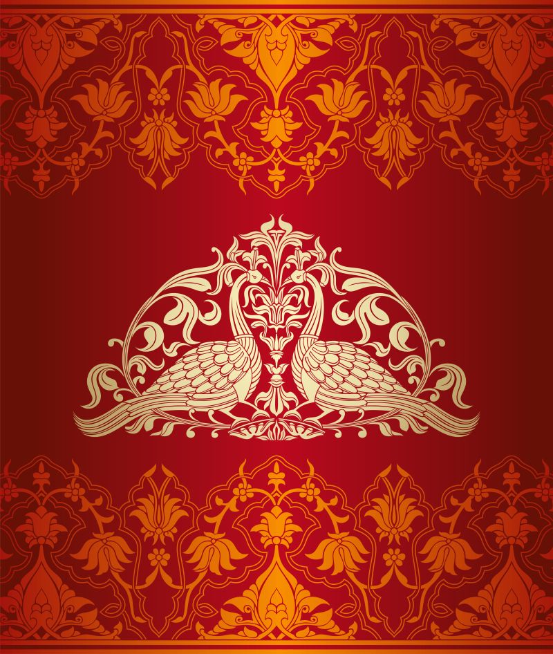 创意矢量金色孔雀元素装饰的红色背景设计