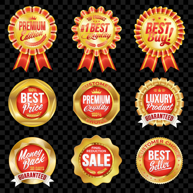 一套优质的金徽红色徽章