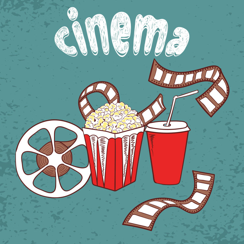 电影矢量背景电影符号集-爆米花电影卷轴和带子涂鸦插图