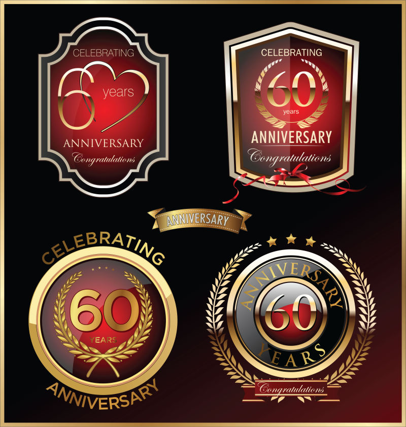 抽象矢量红色金边复古60周年标签设计