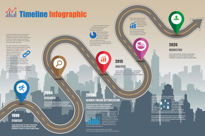 矢量路線信息圖表設計圖片-創意矢量現代道路元素的時尚信息圖表平面