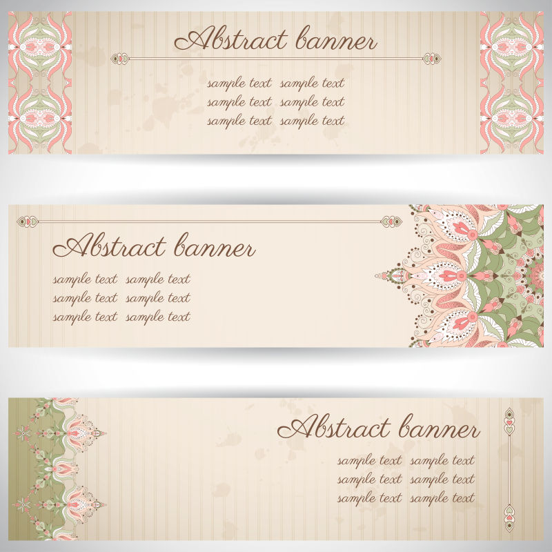 设置三个水平横幅东方图案和旧纸条纹和污渍地点为您的文本