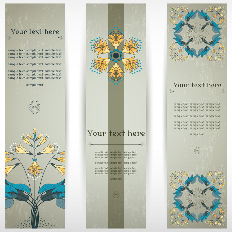 设置三个垂直横幅玉簪植物古董石膏背景地点为您的文本